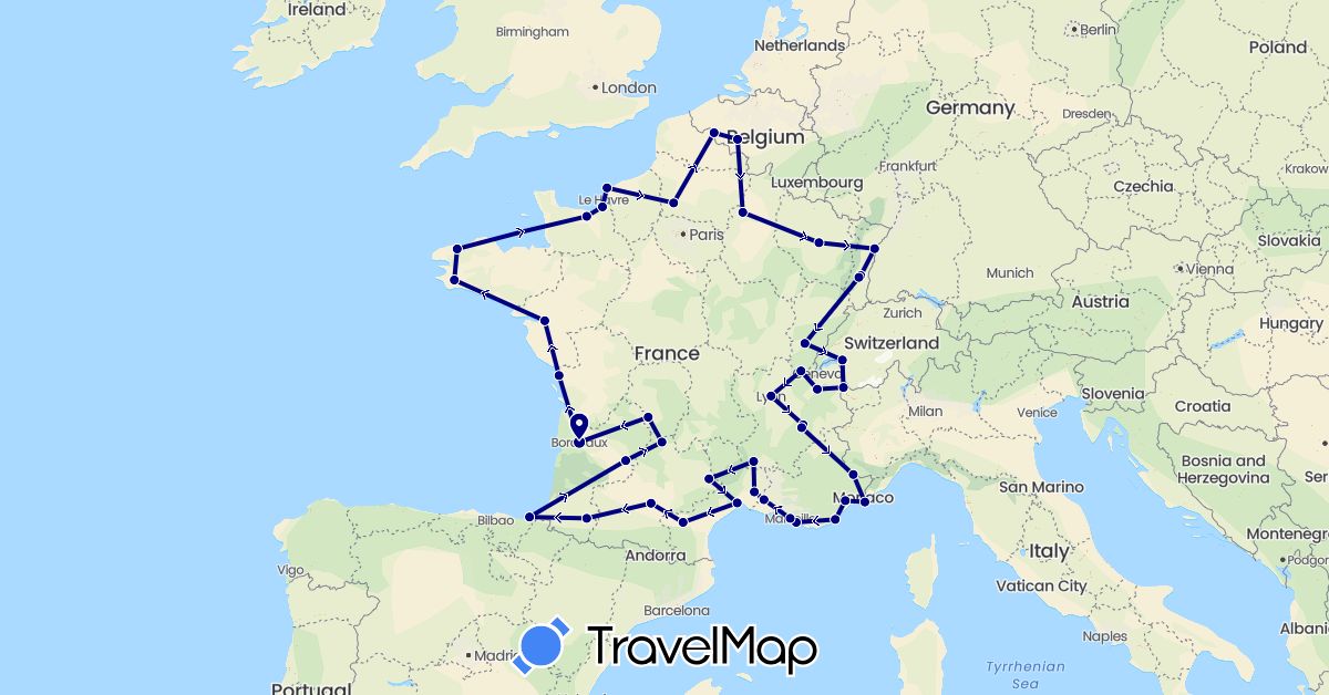 TravelMap itinerary: driving in Belgium, Switzerland, Spain, France, Monaco (Europe)